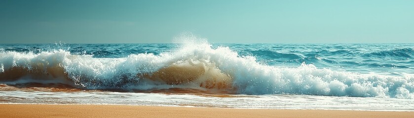 Fototapeta premium A serene beach scene featuring waves crashing onto the shore under a clear blue sky, creating a tranquil and inviting atmosphere.
