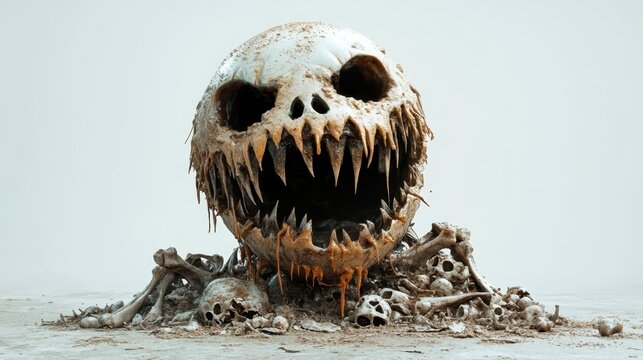 A horrifying skull with jagged, sharp fangs sits in a clutter of old bones, creating a chilling atmosphere that evokes fear and menace, ideal for dark themes.