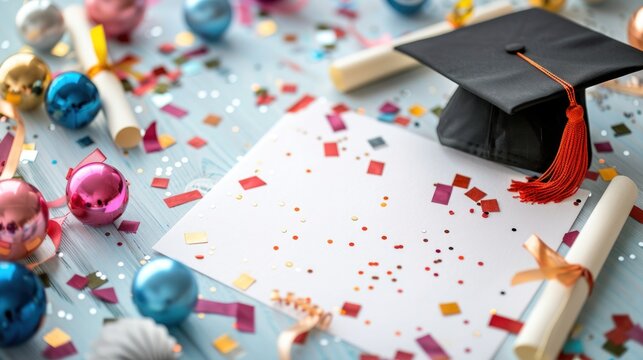 A detailed view of a personalized graduation card with a handwritten note and festive design