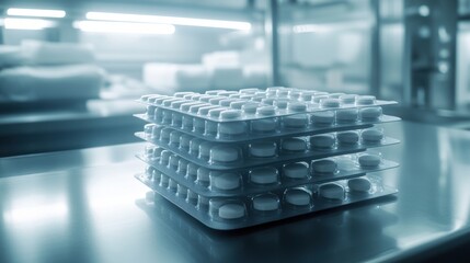 Close-up of stacked blister packs with tablets on a clinical white surface, showcasing the detailed textures of the packaging, creating a professional and clean pharmaceutical appearance.