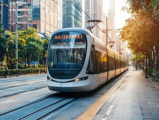 A modern tram travels through a vibrant urban landscape, flanked by greenery and high-rise buildings, bathed in warm sunlight.