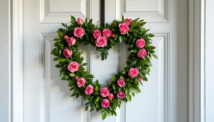 Heart-shaped wreath with pink roses on a white door