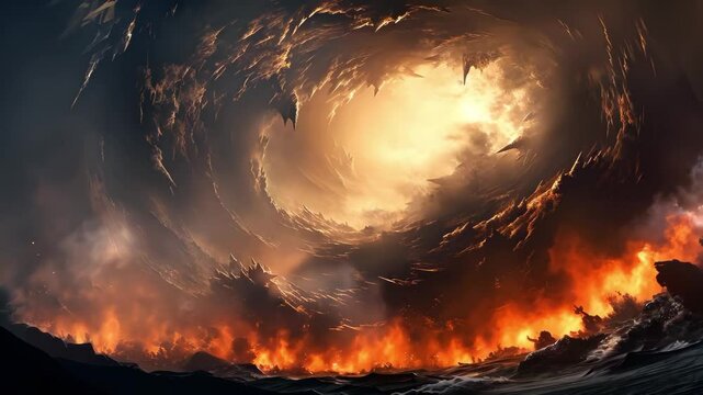 A dramatic swirling vortex above a fiery ocean, creating a surreal and fiery sky, evoking a sense of chaos and intensity.