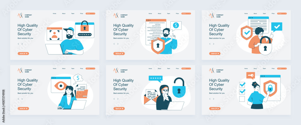 Poster Cyber security concept of landing page with slide templates set in flat design. Website headers with people using online protection system with identify and firewall shield. Vector illustrations.
