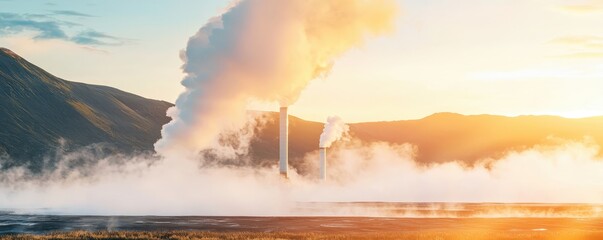 A serene landscape featuring steam rising from geothermal vents at sunrise, surrounded by mountains and soft mist, creating a tranquil atmosphere.