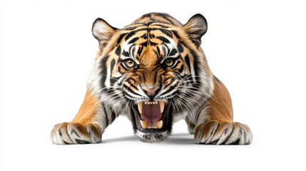 Obraz premium Fierce Tiger Roaring with Intensity on White Background
