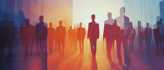 Obraz premium Double exposure image of many business people teamg group silhouette office background.