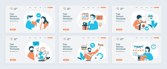 Delivery concept of landing page with slide templates set in flat design. Website headers with people get parcel from courier, ordering shipping, using food logistics service. Vector illustrations.