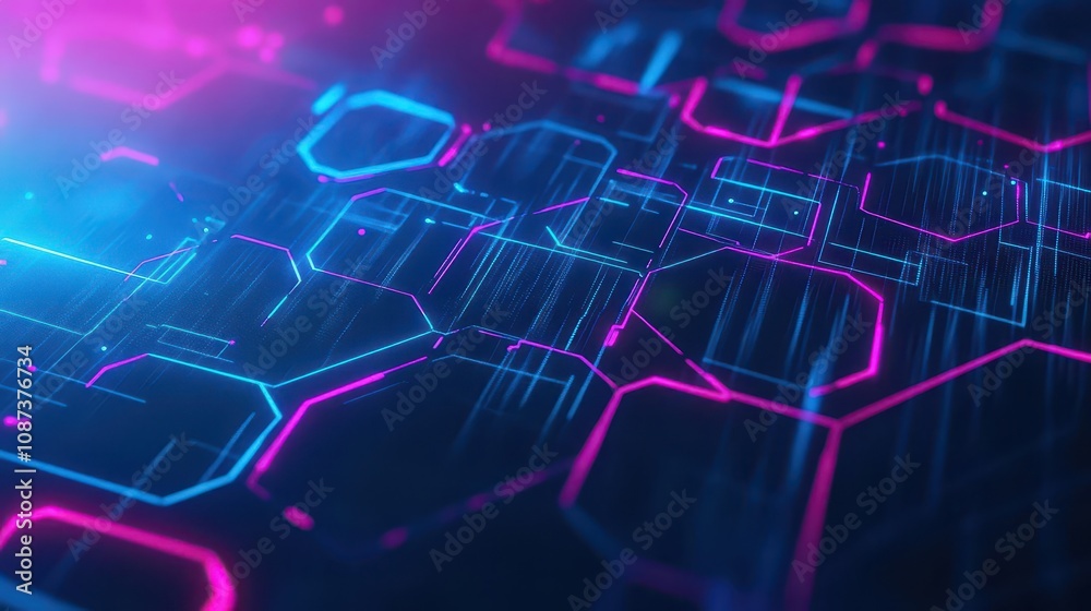 Leinwandbilder glowing hexagonal data patterns with 3d depth, bright neon lines, digital texture, abstract scifi lo