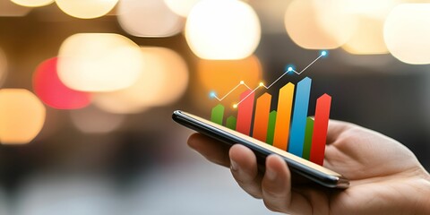 A hand holds a smartphone displaying colorful bar graphs, symbolizing data analysis and growth against a blurred background of lights.
