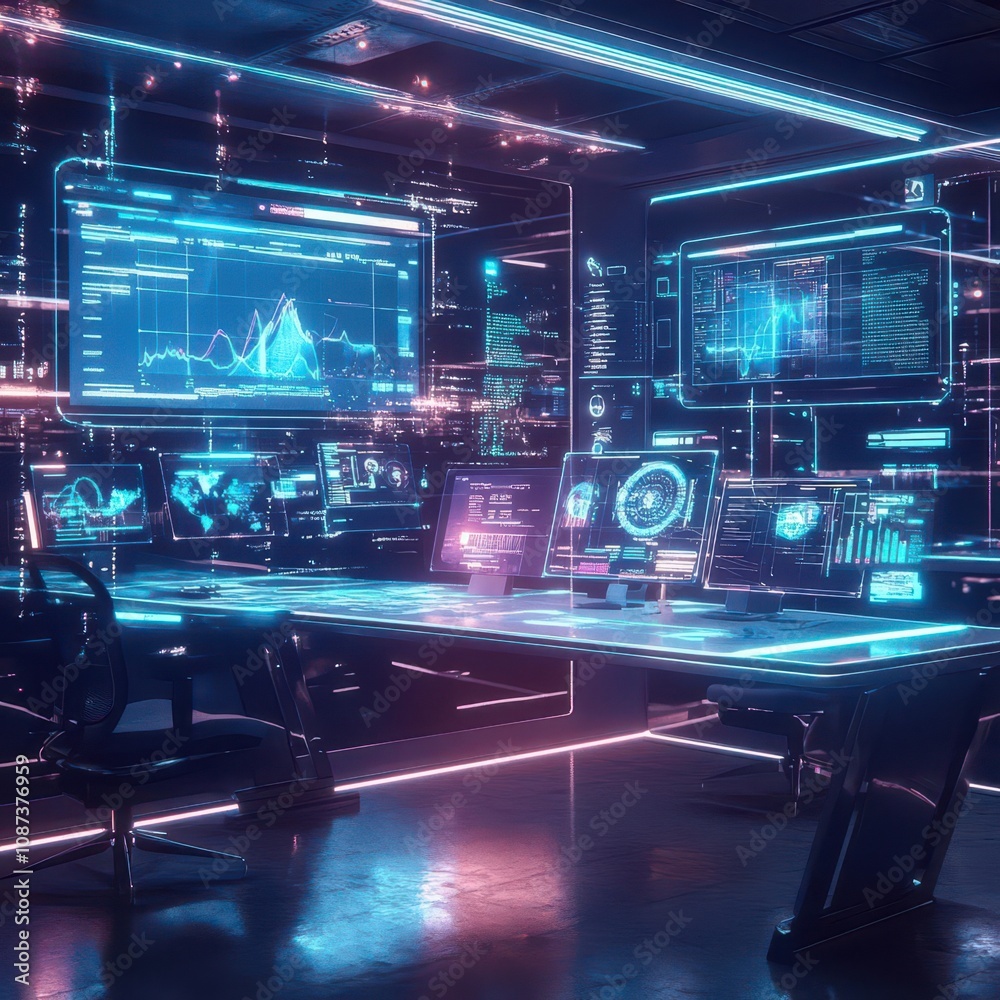Poster Futuristic workspace with smart tech interfaces virtual whiteboards innovative design digital tone Tetradic color scheme