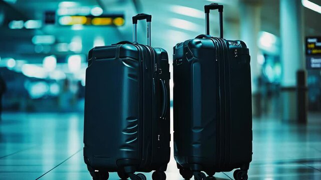 Here's a caption, description, and keywords for the image:Two dark suitcases stand ready in an airport terminal late at night, awaiting their journey