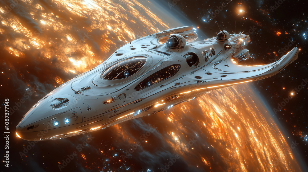 Aufkleber a sleek futuristic spaceship glides past a glowing planet in the depths of space during an otherworl