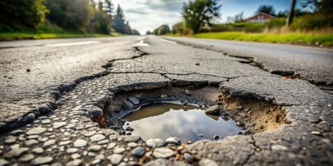 Naklejka premium A deep pothole in the asphalt road, filled with rainwater reflecting the sky and surrounding trees.