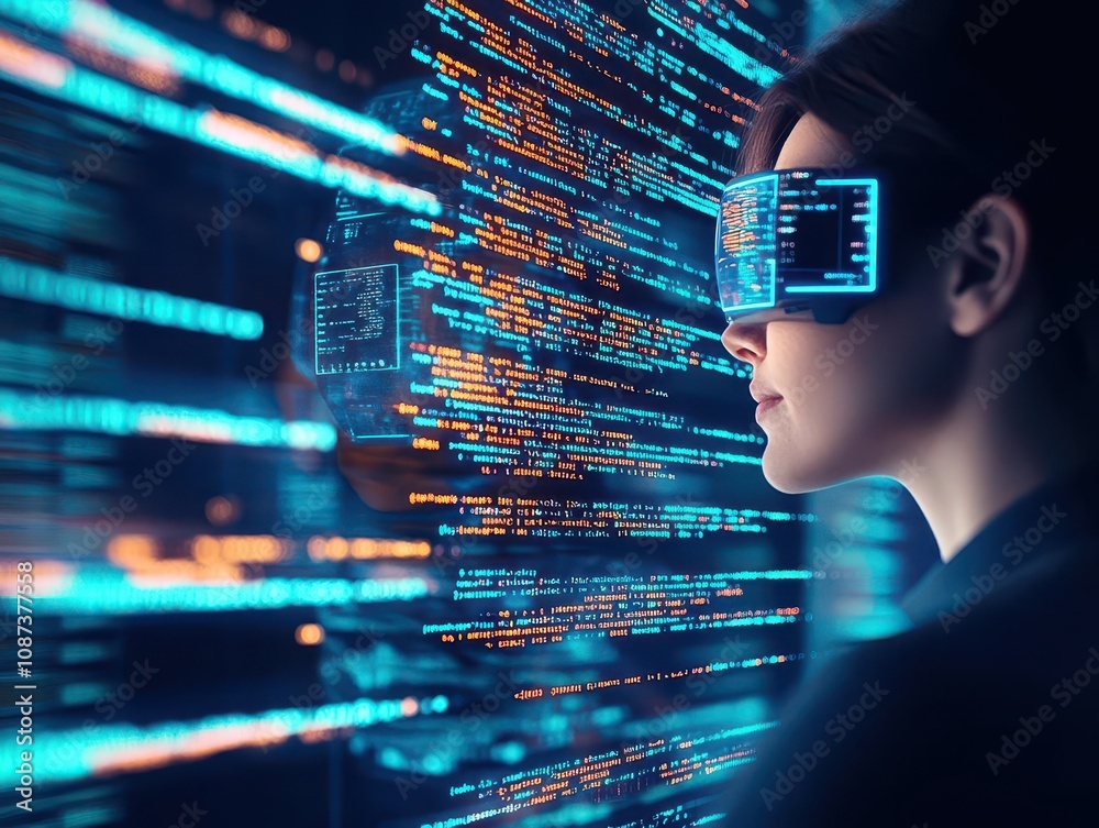 Poster Female programmer in a futuristic workspace, surrounded by holograms and AI bots, her face illuminated by the light of a giant floating screen filled with code