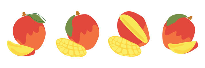 A set of mango slices. Fresh, juicy and tasty fruit. Vector illustration of organic tropical fruit. Eco-label for natural flavor. Juice, smoothie design.