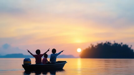 Obraz premium Family on a small boat at dawn island silhouette in the background children pointing excitedly towards the sunrise warm light over the water serene photorealistic high detail