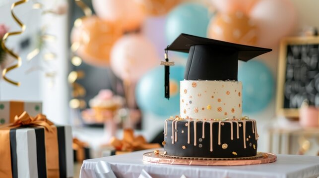 Close-up of a graduation party table with themed decorations, gifts, and a graduation cake
