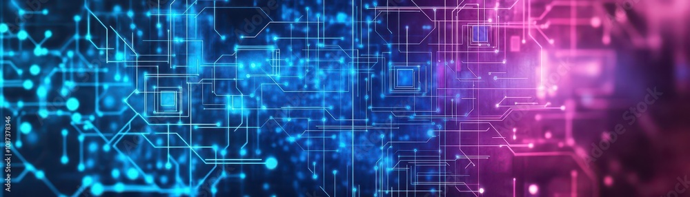 Poster dynamic circuitry pattern resembling a watercolor mosaic, bold blues and purples merging with intric