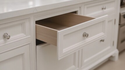 A modern kitchen drawer partially open, showcasing a minimalist design.