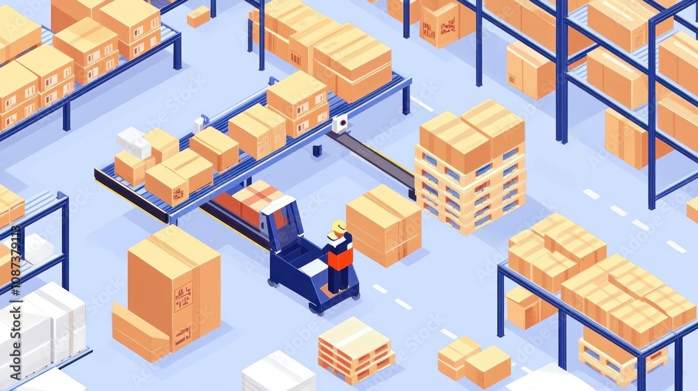 Poster automated warehouse workers efficiently manage cardboard boxes