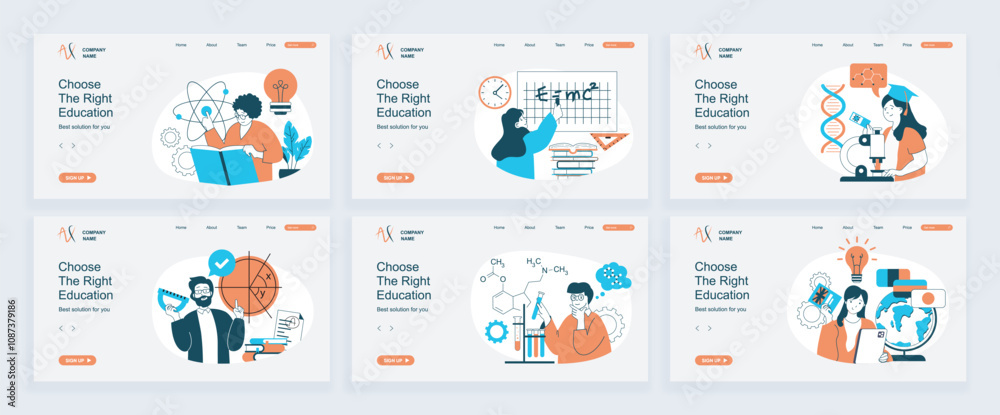 Aufkleber Education concept of landing page with slide templates set in flat design. Website headers with people learning science, reading books, brainstorming, making tests in laboratory. Vector illustrations.