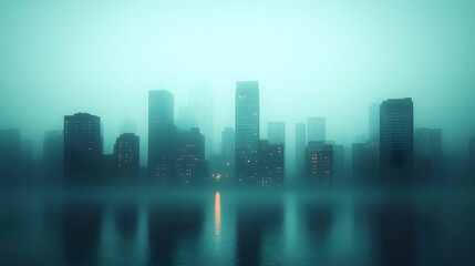 Obraz premium Foggy Urban Skyline Reflected on Water: Mysterious and Atmospheric Cityscape with Tall Buildings, Soft Lights, and a Dreamlike Quality Captured in Low Visibility Conditions