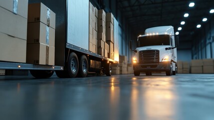 A freight truck is positioned in a well-lit warehouse, surrounded by stacks of cardboard boxes, with the polished floor reflecting the warm glowing lights.