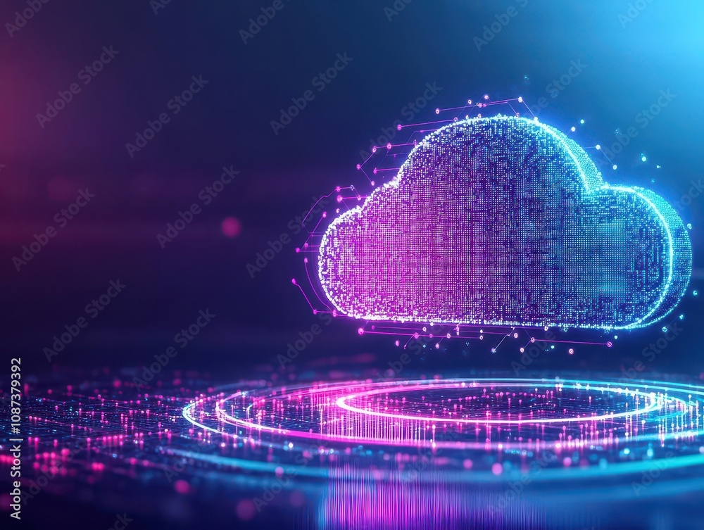 Poster Concept of cloud computing with abstract cloud made of pixels, neon glow, dark gradient, futuristic style
