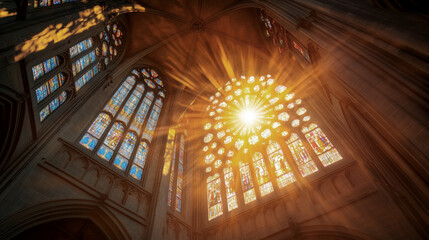 Obraz premium Sunlight streaming through stained glass in a grand cathedral
