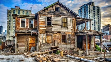 A dilapidated wooden house stands in the shadow of a modern high-rise, a stark contrast between past and present, a testament to time's relentless march.