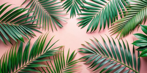 A Vibrant Arrangement of Lush Green Palm Fronds Against a Soft Pink Background
