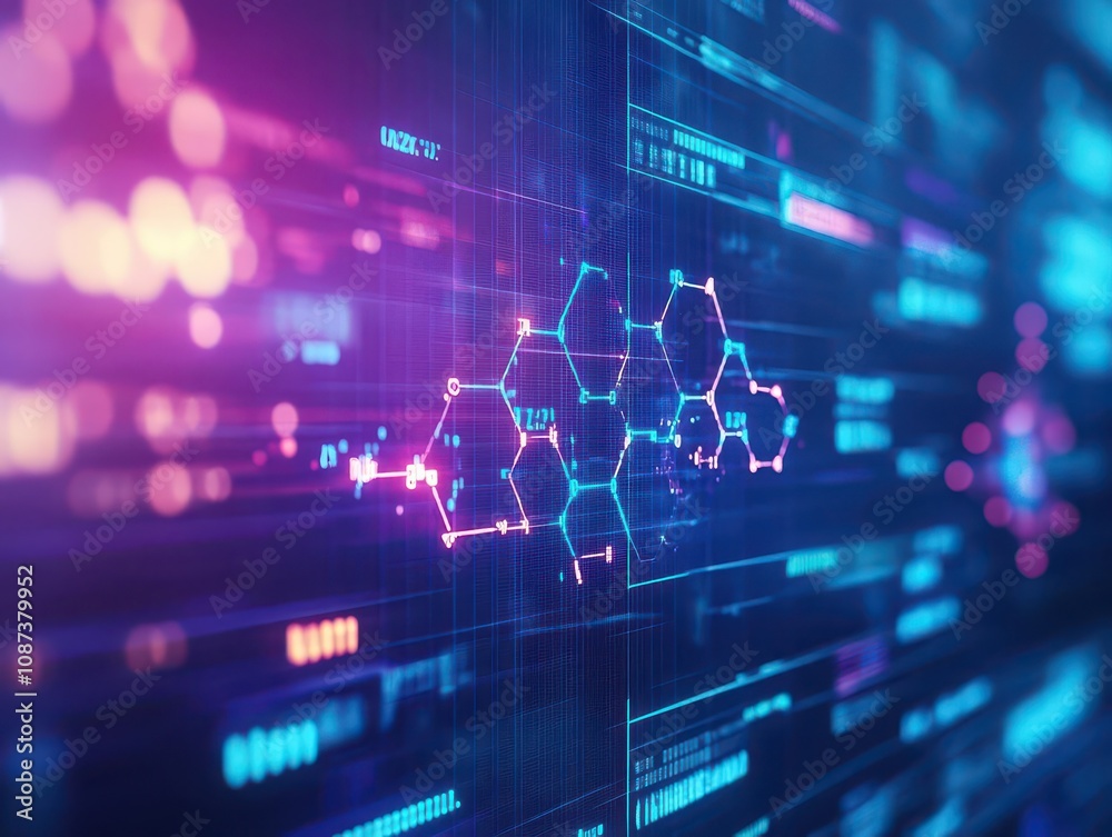 Aufkleber chemical structure on digital screen with glowing data points, futuristic lab setting, cool tones, c