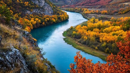 Autumn Serenity: A Winding River Surrounded by Colorful Foliage