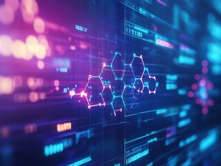 Fototapeta premium Chemical structure on digital screen with glowing data points, futuristic lab setting, cool tones, cyber aesthetic