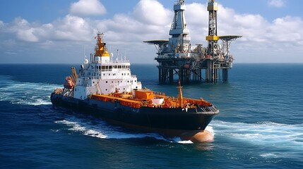 Fototapeta premium A powerful tugboat in the merchant navy fleet towing an offshore drilling platform through international waters.