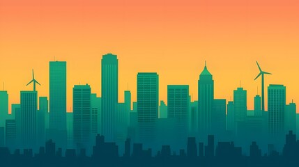 Fototapeta premium Urban Skyline Silhouette Against a Vibrant Sunset with Wind Turbines Illustrating Sustainability and Modern Architecture in a Contemporary Cityscape