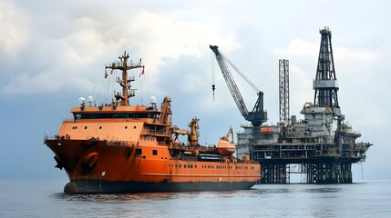 Fototapeta premium Merchant navy offshore vessel anchored near an oil rig, preparing to assist in underwater drilling activities.