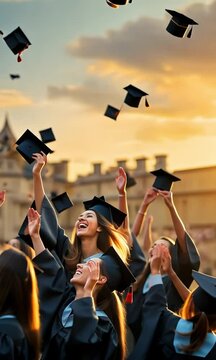 students who have graduated toss their graduation caps into the heavens.
