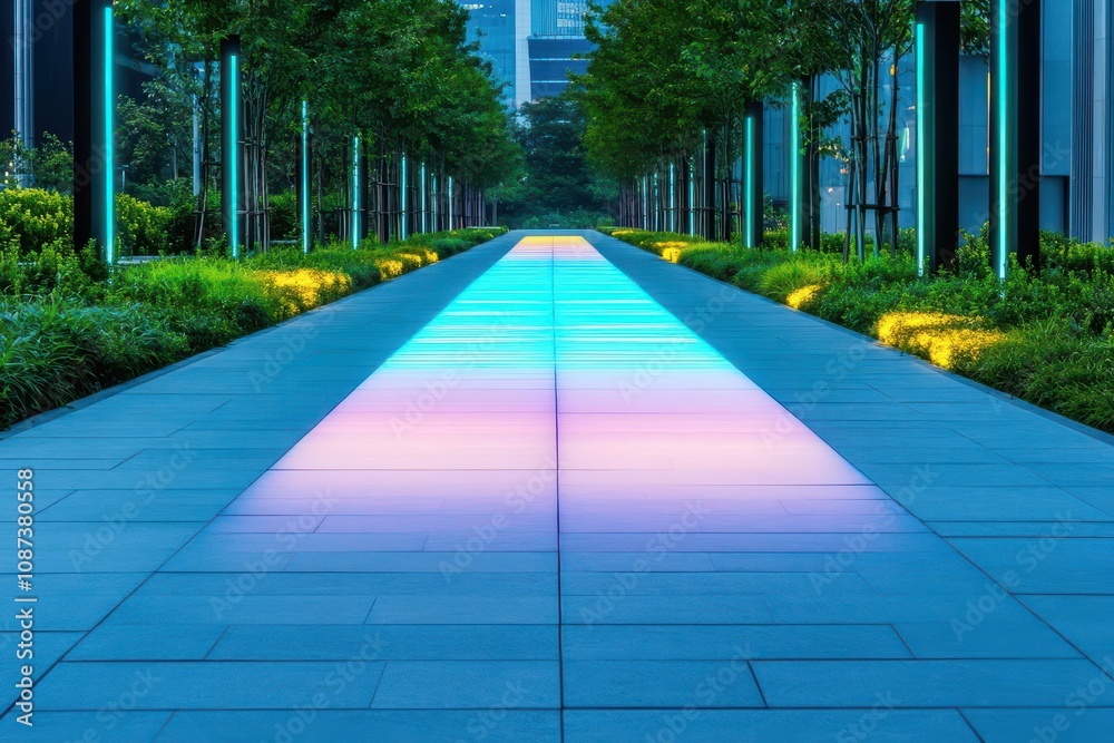 Poster bioluminescent walkways lighting up public spaces top view illustrating natureinspired urban lightin