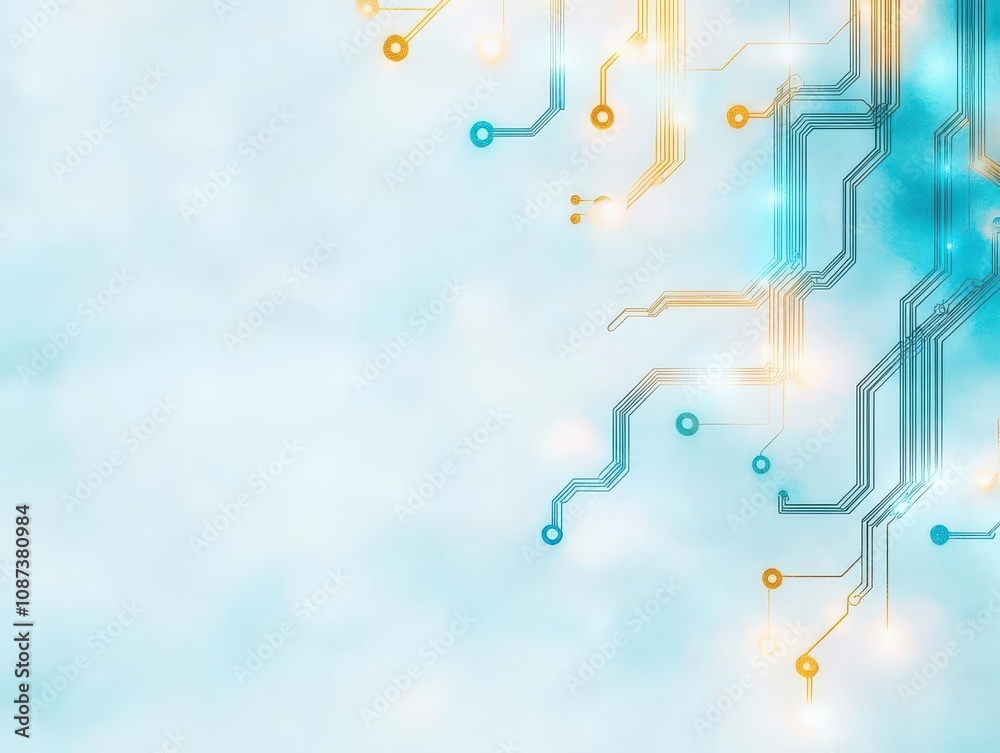Poster abstract watercolor circuitry, soft gold and blue circuits intertwine on a serene skytoned backgroun