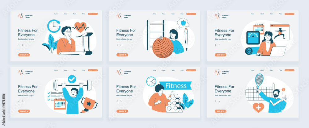 Aufkleber fitness concept of landing page with slide templates set in flat design. website headers with people