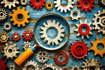 A collection of colorful gears arranged on a blue background, with a magnifying glass highlighting a central gear.