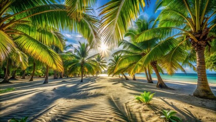 Fototapeta premium A tranquil beach paradise with swaying palm trees casting long shadows on the pristine sand under a brilliant blue sky