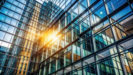 A modern glass skyscraper reflecting the golden glow of the setting sun, showcasing the intricate geometric patterns of the building's facade.