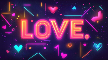 Word "LOVE" in neon colors with hearts floating around on a multi-colored panel. Valentine's Day concept.