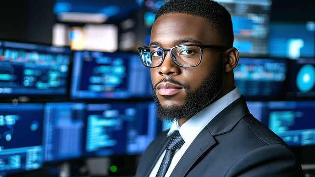In a sleek, modern security operations center, a Black cyber professional assesses threat reports on an array of screens, their deep expertise reflecting the need for more diverse