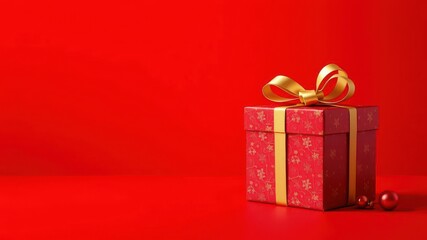 Obraz premium Vibrant red Christmas background with a stylish present, shiny, decoration