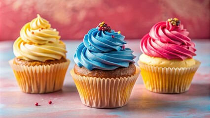 A trio of cupcakes with vibrant frosting swirls, showcasing the colors of the rainbow on a pastel background