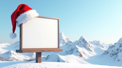 White blank billboard with Santa hat set against a snowy mountain landscape. Ideal for holiday greetings, seasonal promotions, or festive advertisements.